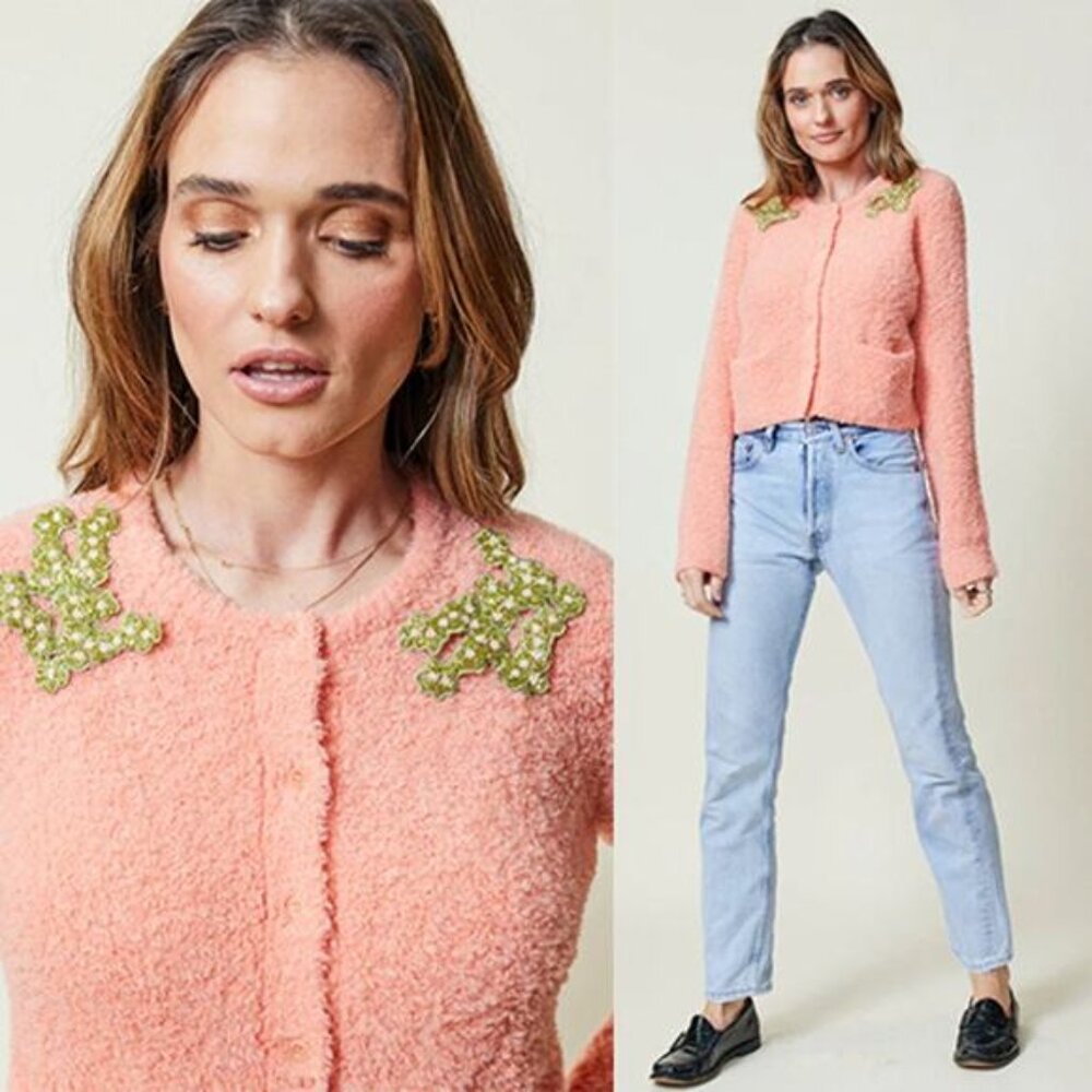NWT Lingua Franca Nala Beaded Boucle-Knit Button-Down Cardigan Size: Large - Picture 1 of 12